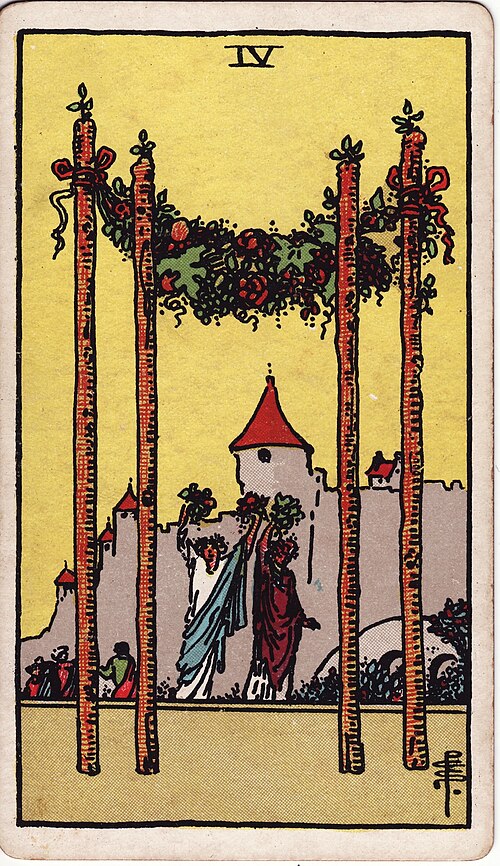 Four Of Wands Tarot Card: Upright, Reversed & Spread Meanings — Rider-Waite-Smith tarot card